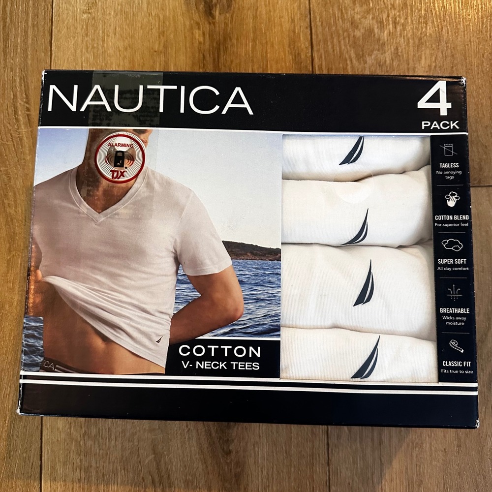 Nautica Mens 4 Pack Cotton Blend V-Neck Tees White Classic Fit Undershirts M